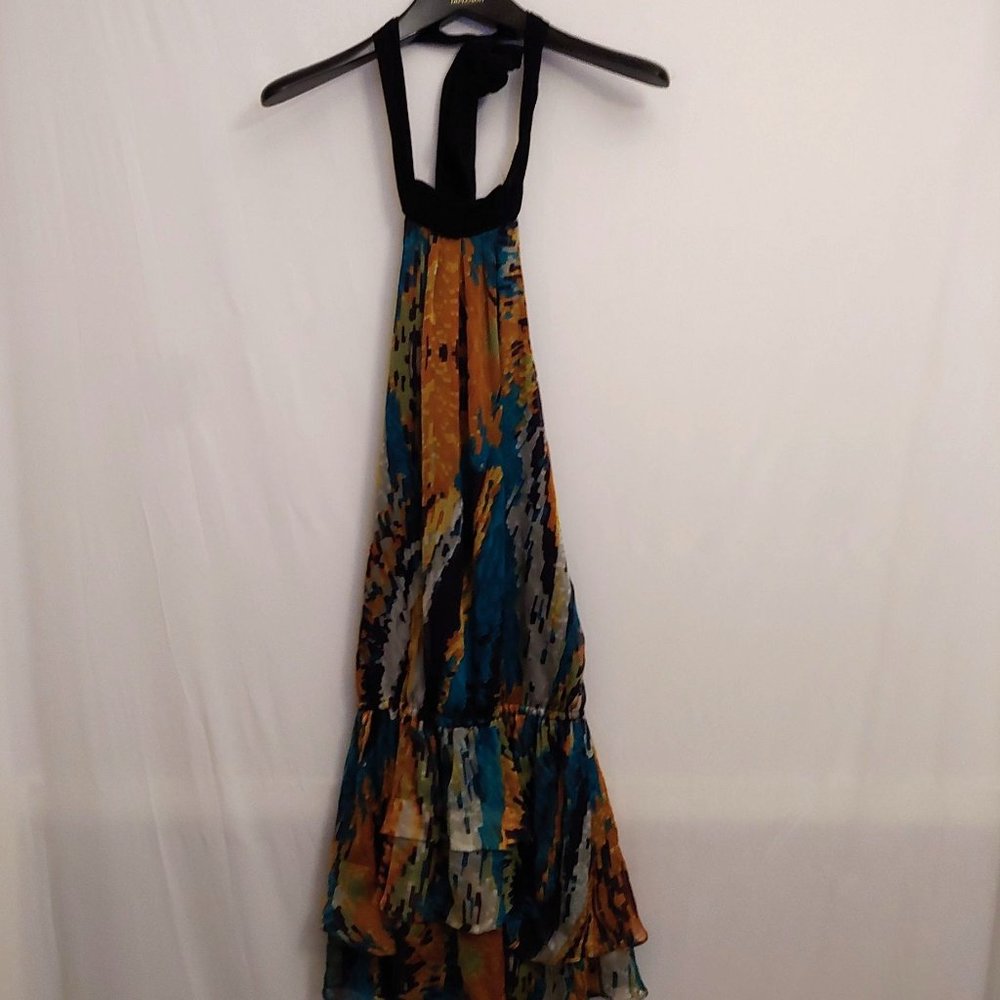 Zara 100% Silk Halter Boho tiered Ruffle Dress Genstone Colors Medium